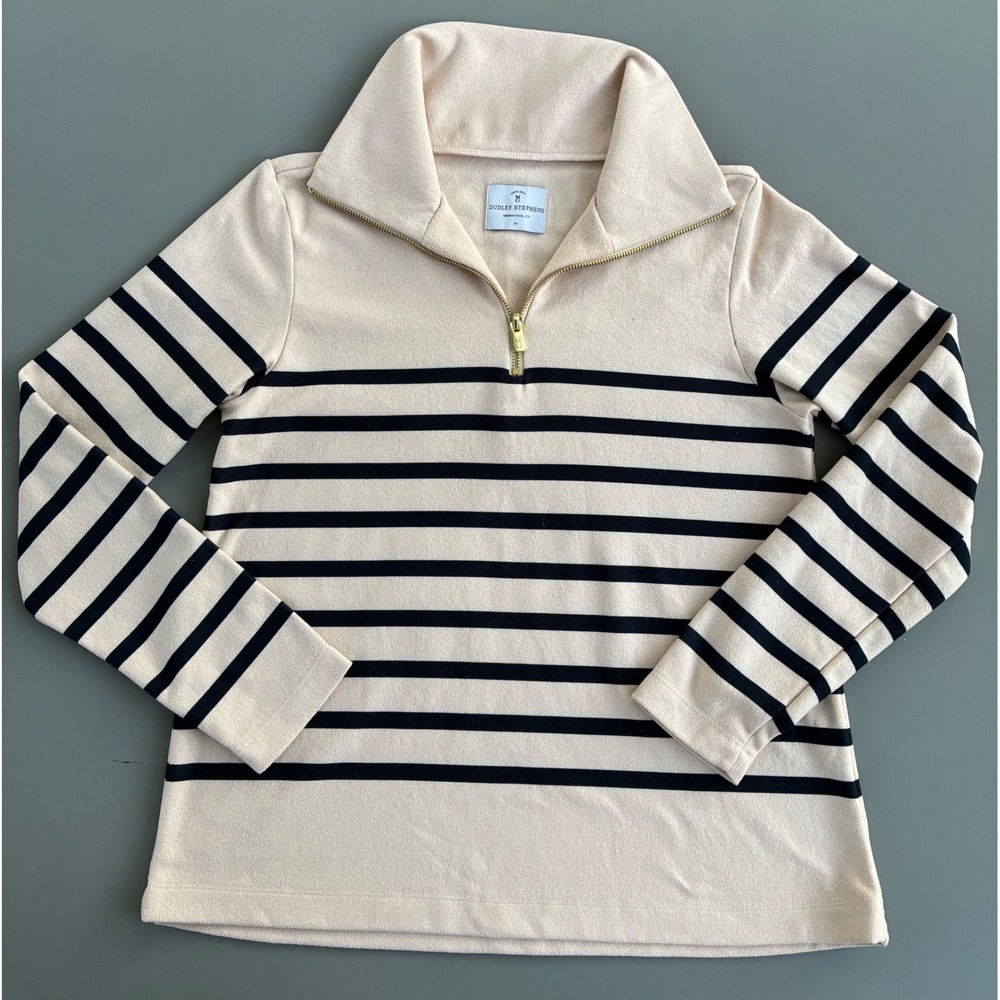 Dudley Stephens Women M Cream Navy Striped Vello Fleece Quarter Zip Sweatshirt